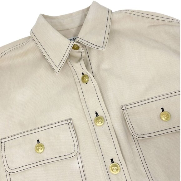 CHANEL Vintage CC Logo Gold Button Denim Shirt Jacket Beige Cotton [106399] - Picture 5 of 11